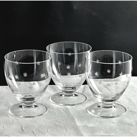 Unbranded Other - 3 Atomic Starburst Footed Cocktail Glasses 3" vintage etched glass 1950s MCM